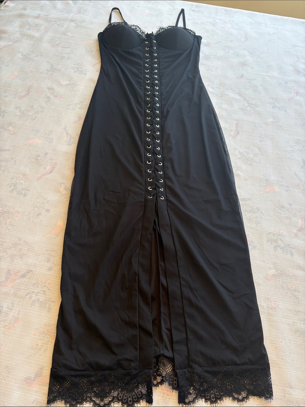 Fashion Nova Black Lace-Trim Front Lace-Up Midi Dress